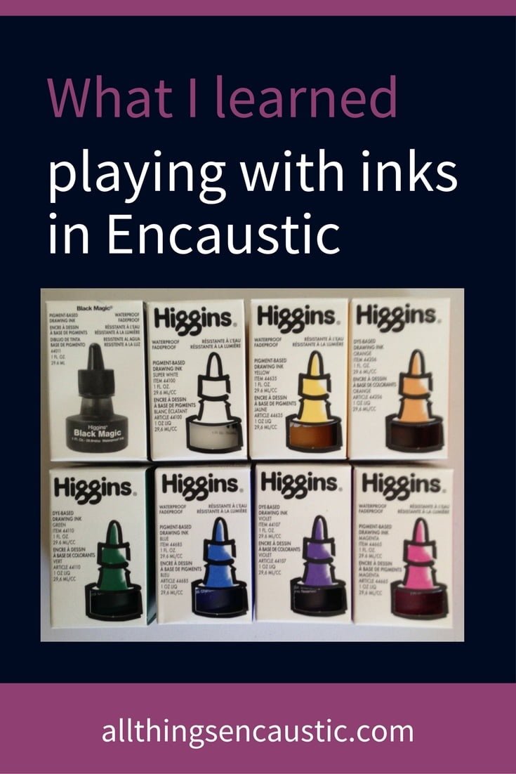 Ink can be used to great effect in encaustic painting. You can draw or write directly on the wax and either leave it on the final layer of a painting or you can add more layers of encaustic medium on top of the dry ink. Ink, when dry, is permanent.